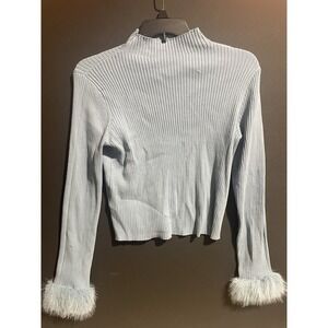 Sweet Rain Women's Blue Ribbed Long Faux Fur Sleeve High Neck Cropped Sweater XL
